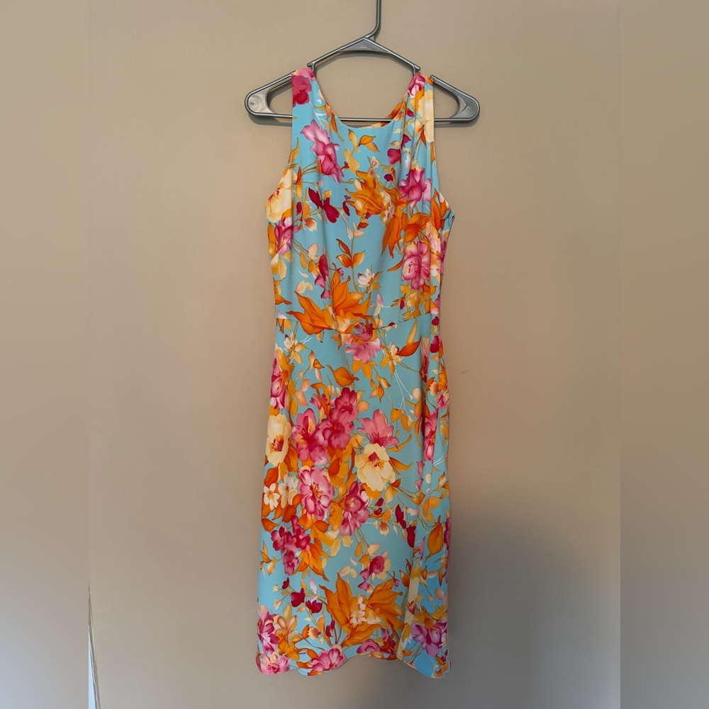 💰Danny & Nicole Vibrant Floral Midi Dress - Blue and Orange